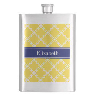 Pineapple Wht Fancy Quatrefoil Navy Name Monogram Hip Flask