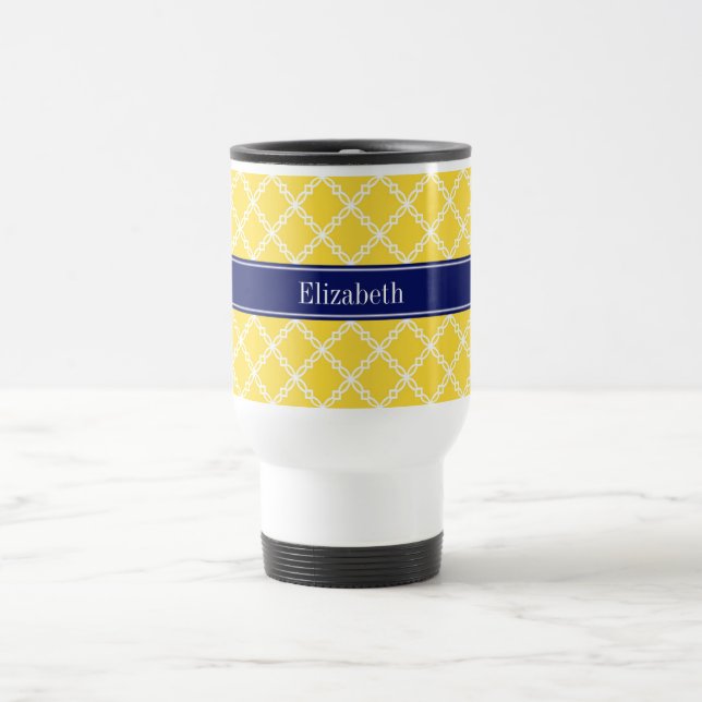 Pineapple Wht Fancy Quatrefoil Navy Name Monogram Travel Mug (Center)