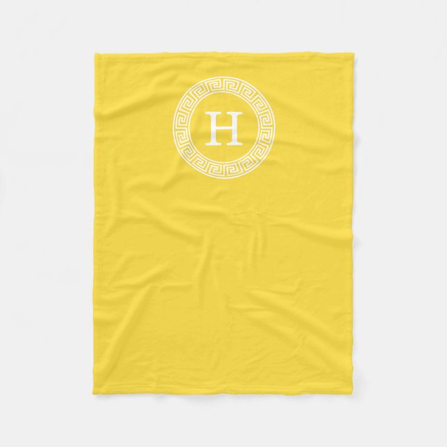 Pineapple Wht Greek Key Rnd Frame Initial Monogram Fleece Blanket (Front)
