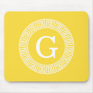 Pineapple Wht Greek Key Rnd Frame Initial Monogram Mouse Pad