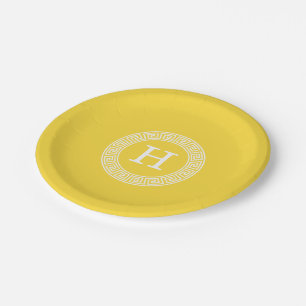 Pineapple Wht Greek Key Rnd Frame Initial Monogram Paper Plate