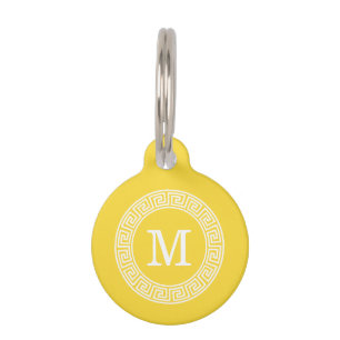 Pineapple Wht Greek Key Rnd Frame Initial Monogram Pet Tag