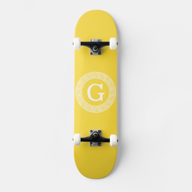 Pineapple Wht Greek Key Rnd Frame Initial Monogram Skateboard (Front)