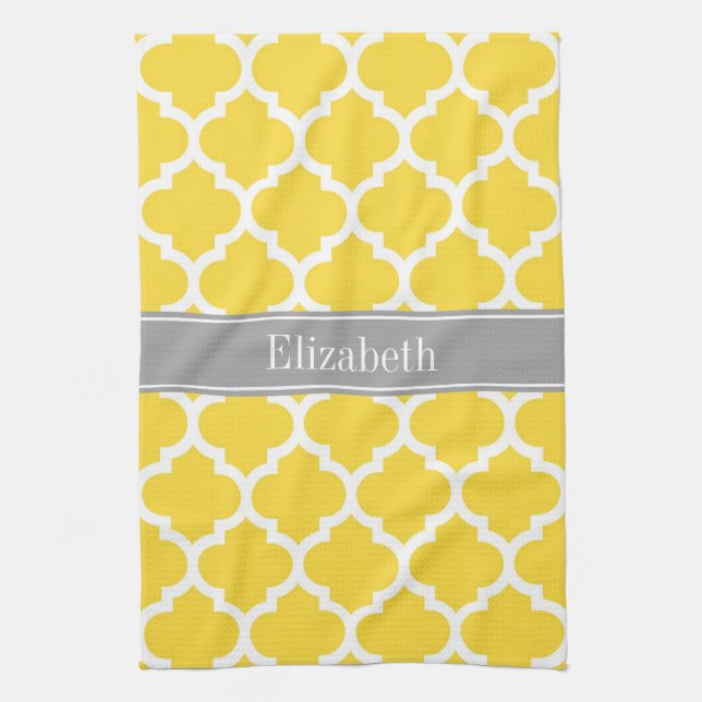Pineapple Wht Moroccan #5 Dk Grey Name Monogram Tea Towel (Vertical)
