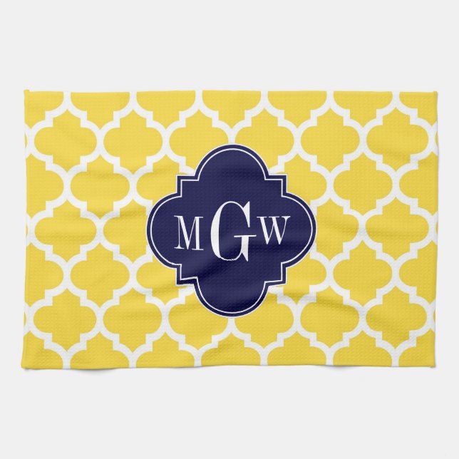 Pineapple Wht Moroccan #5 Navy 3 Initial Monogram Tea Towel (Horizontal)