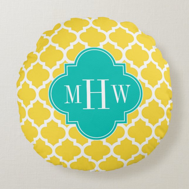 Pineapple Wht Moroccan #5 Teal 3 Initial Monogram Round Cushion (Front)