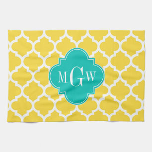 Pineapple Wht Moroccan #5 Teal 3 Initial Monogram Tea Towel