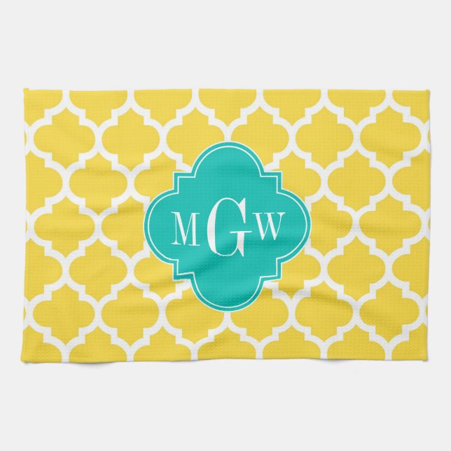 Pineapple Wht Moroccan #5 Teal 3 Initial Monogram Tea Towel (Horizontal)