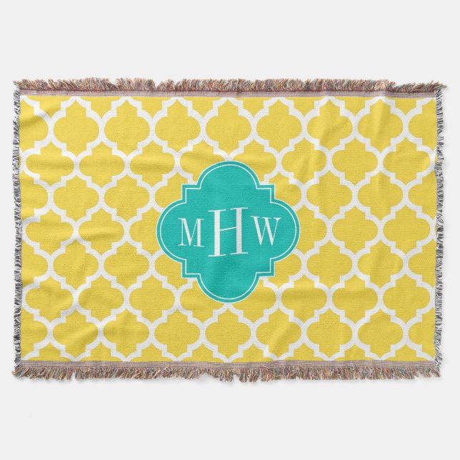 Pineapple Wht Moroccan #5 Teal 3 Initial Monogram Throw Blanket (Front)