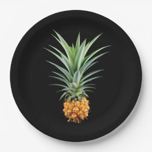 Pineapple with big hairdo on black background paper plate