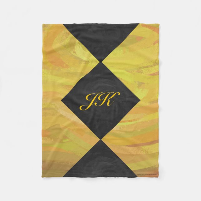 Pineapple Yellow and Black Diamond Monogram Fleece Blanket (Front)