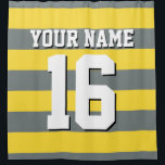 Pineapple Yellow Charcoal Sports Jersey Stripe Shower Curtain<br><div class="desc">Preppy Striped Team Jersey / Sports Jersey / Football Jersey / Rugby Jersey with Custom Name Customise this with your own name or team name and a number. You can change the size, colour and placement of the text if you need to make changes, change the colour of or remove...</div>
