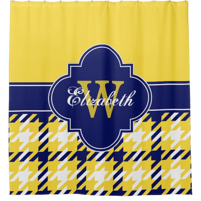 Pineapple Yellow Navy Blue Wht 1I CB Ribbon Name Shower Curtain (Front)