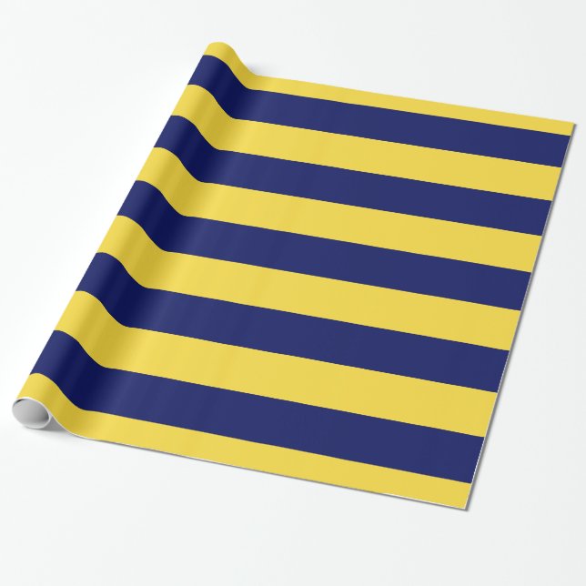 Pineapple Yellow, Navy Blue XL Stripes Pattern V Wrapping Paper (Unrolled)