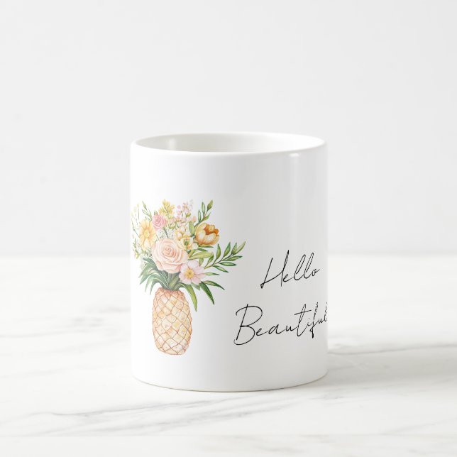 Pineapple Yellow Pink Flowers Hello Beautiful Coffee Mug (Center)