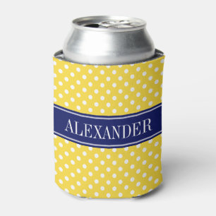 Pineapple Yellow Wht Polka Dots Navy Name Monogram Can Cooler