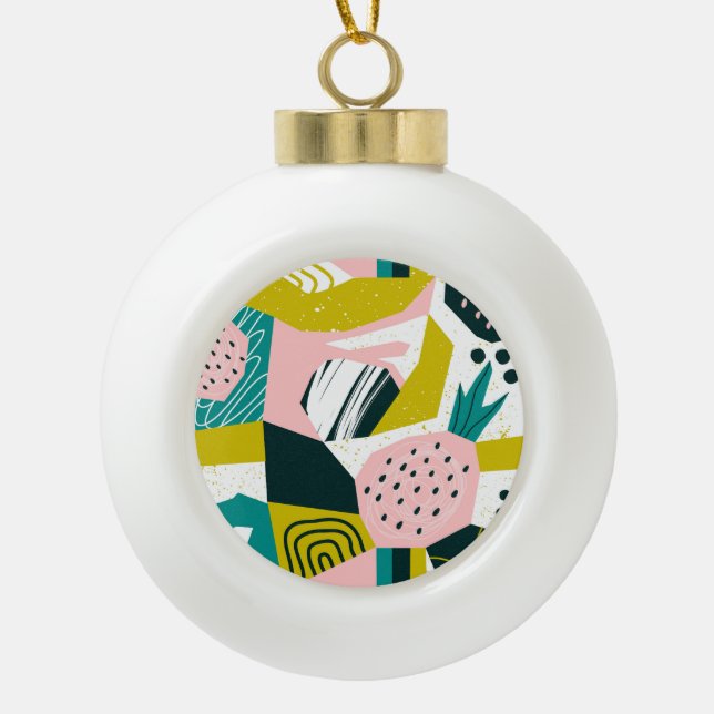 Pineapples Abstract: Colourful Seamless Patchwork Ceramic Ball Christmas Ornament (Front)
