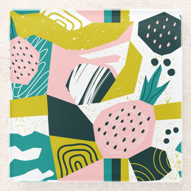 Pineapples Abstract: Colourful Seamless Patchwork Glass Coaster (Front)