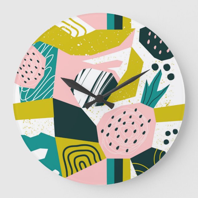 Pineapples Abstract: Colourful Seamless Patchwork Large Clock (Front)