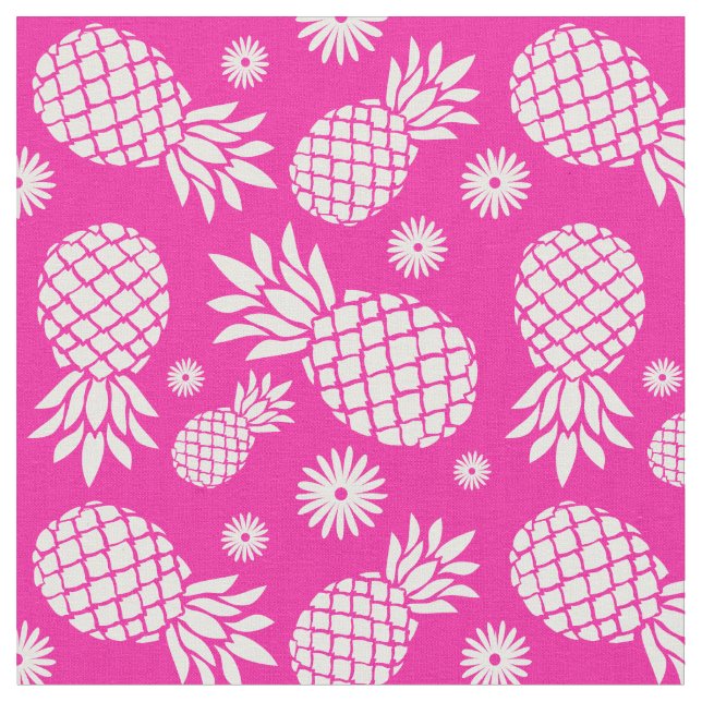 Pineapples and flowers pink white pattern fabric (Close Up)