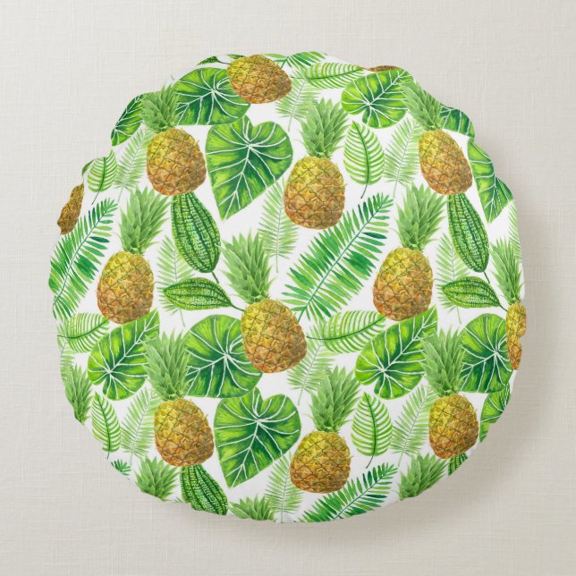 Pineapples and tropical leaves round cushion (Front)