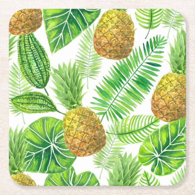 Pineapples and tropical leaves square paper coaster (Front)