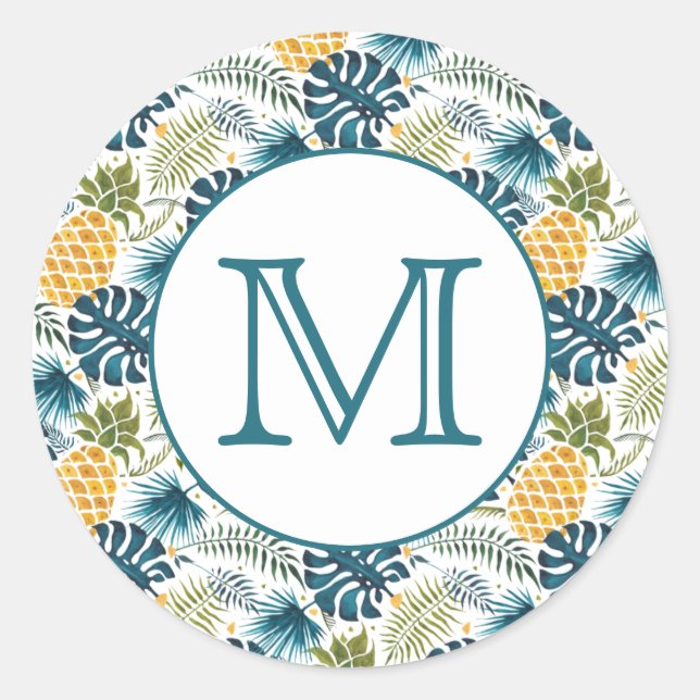 Pineapples blue palm leaves foliage white monogram classic round sticker (Front)