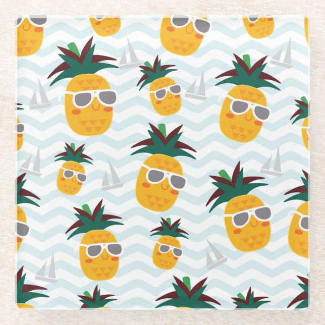 Pineapples, boat: cute ocean pattern. glass coaster (Front)