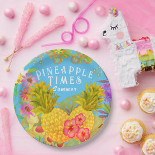 Pineapples Floral Blue Paper Plate