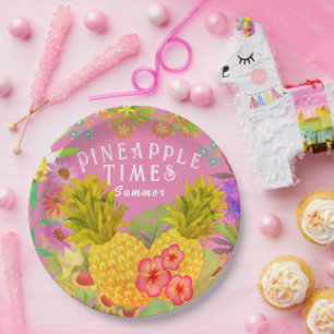 Pineapples Floral Pink Paper Plate