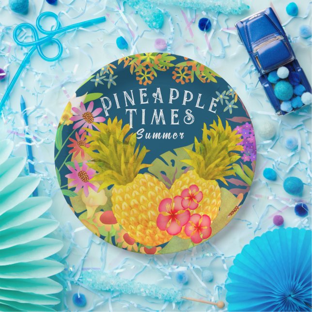 Pineapples Floral Turquoise Paper Plate (Party)