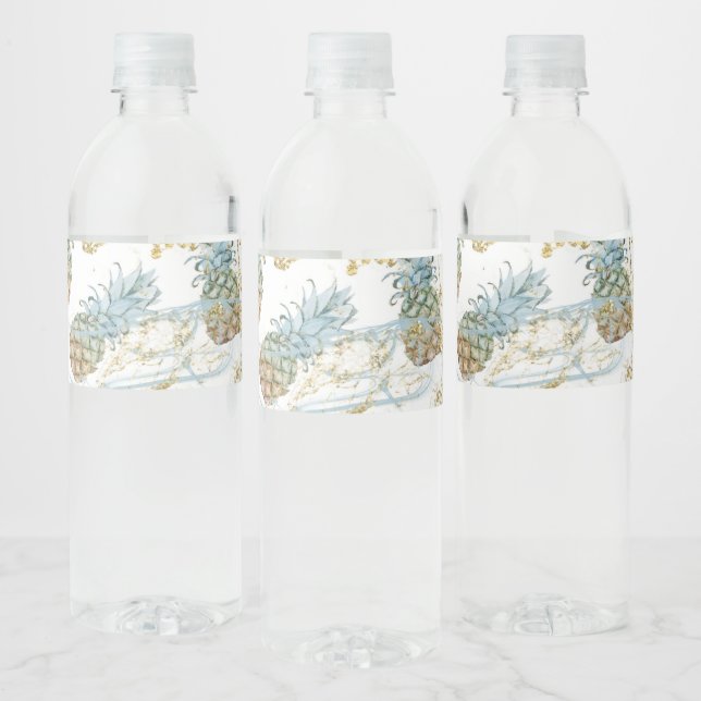 Pineapples Gold Glitter Sparkle Birthday Party Water Bottle Label (Bottles)