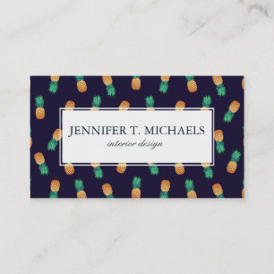 Pineapples On Navy   Monogram Business Card