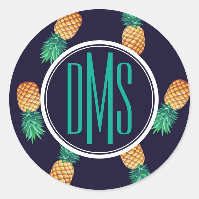 Pineapples On Navy | Monogram Classic Round Sticker (Front)
