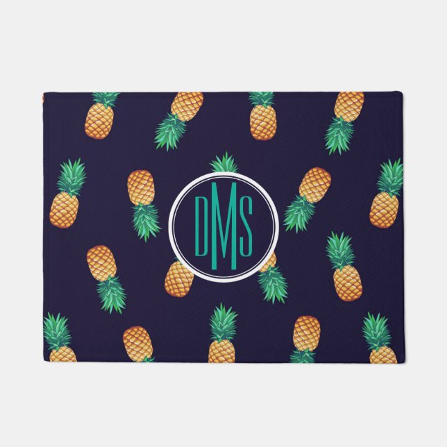 Pineapples On Navy | Monogram Doormat (Front)