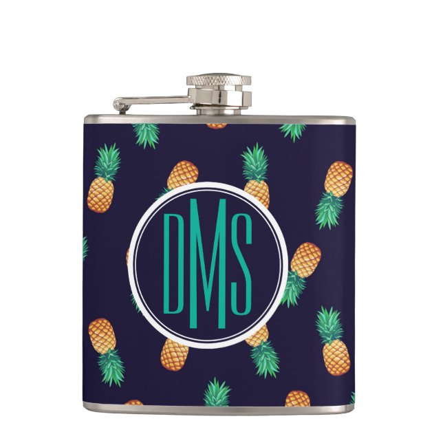 Pineapples On Navy | Monogram Hip Flask (Front)