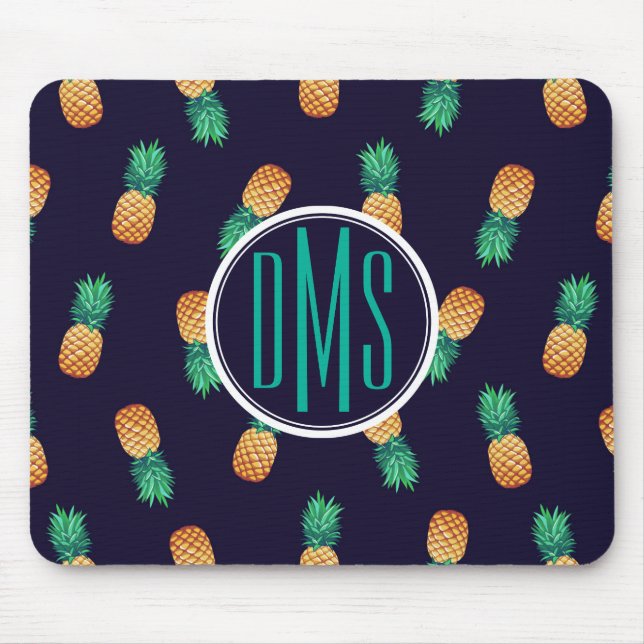 Pineapples On Navy | Monogram Mouse Pad (Front)