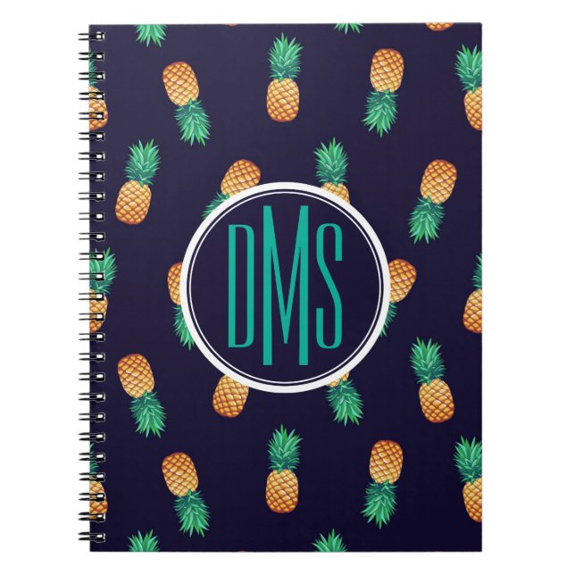 Pineapples On Navy | Monogram Spiral Notebook (Front)