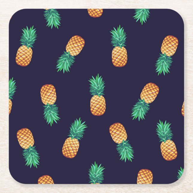 Pineapples On Navy Square Paper Coaster (Front)