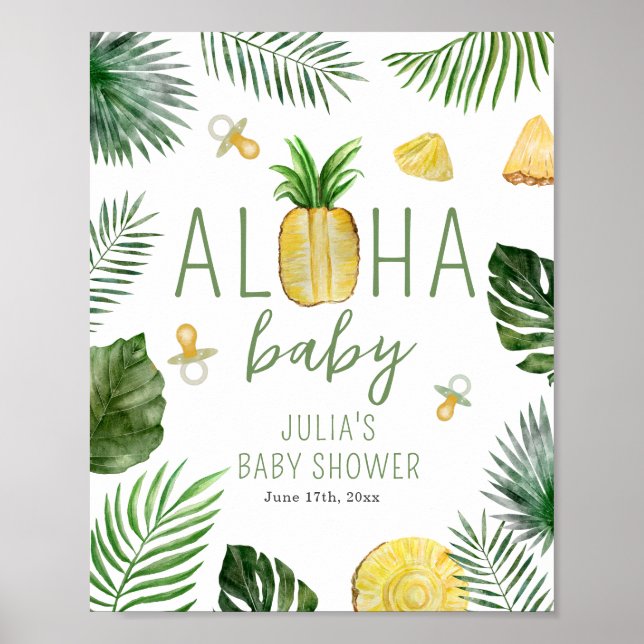 Pineapples & Pacifiers Aloha Baby Shower Green Poster (Front)