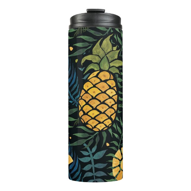 Pineapples, palm leaves: tropical pattern. thermal tumbler (Front)