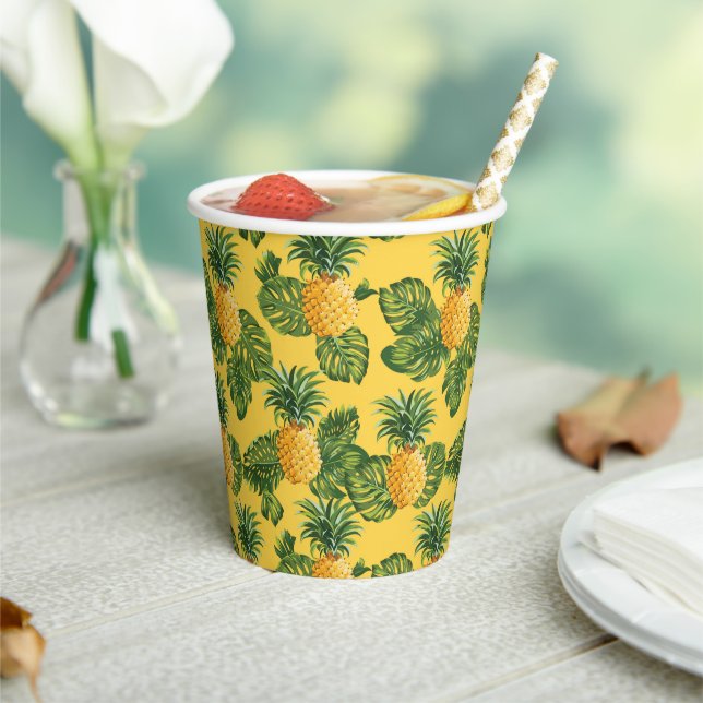 Pineapples & Tropical Leaves On Gold Paper Cups (Insitu)