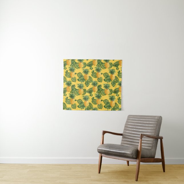 Pineapples & Tropical Leaves On Gold Tapestry (In Situ (Horizontal))