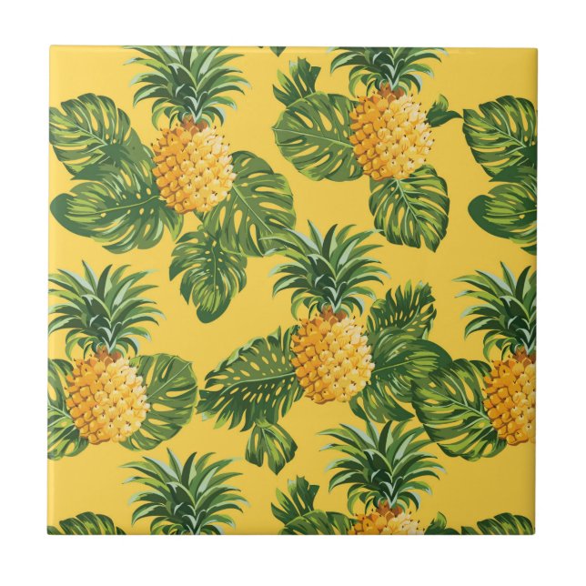 Pineapples & Tropical Leaves On Gold Tile (Front)