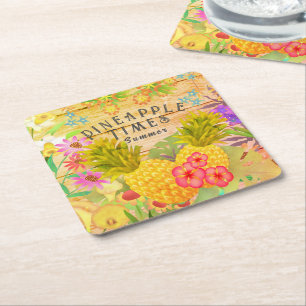 Pineapples with Floral Square Paper Coaster