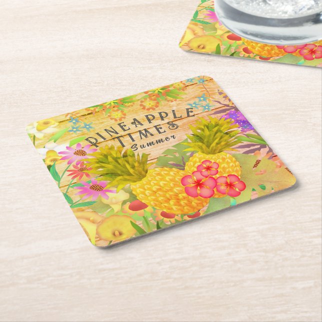 Pineapples with Floral Square Paper Coaster (Angled)