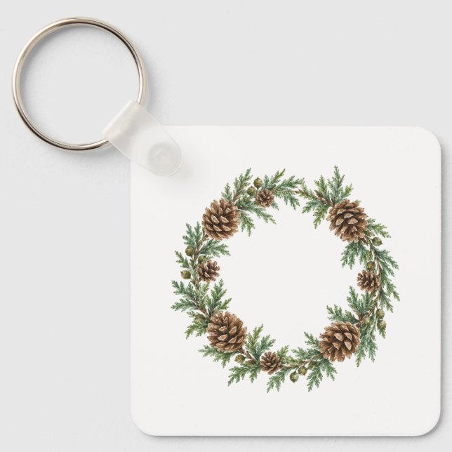 Pinecone and Cedar Sprig Wreath Key Ring (Front)