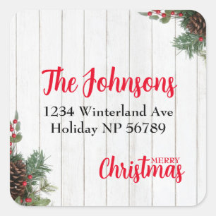 Pinecone and Holly Merry Christmas Return Address Square Sticker