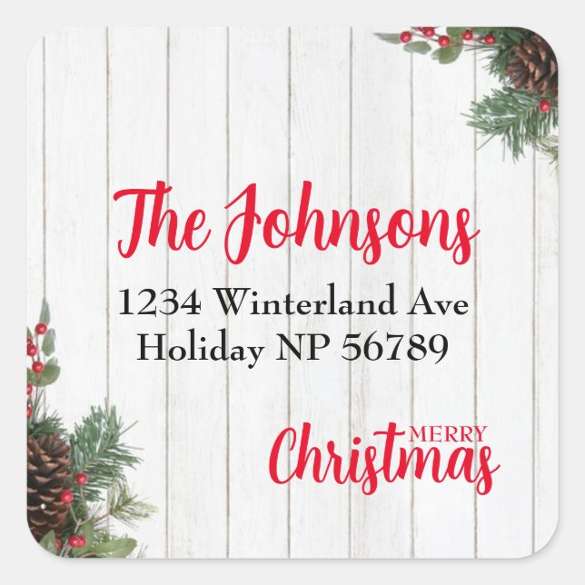 Pinecone and Holly Merry Christmas Return Address Square Sticker (Front)