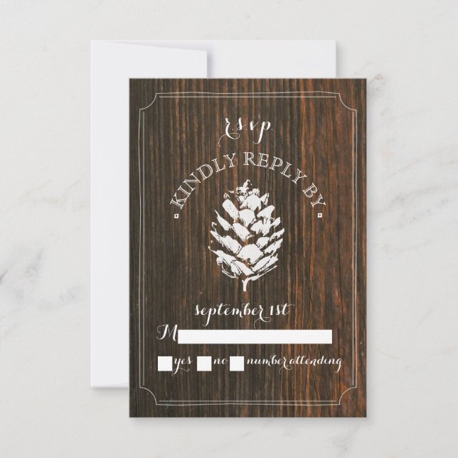 Pinecone Barn Wood Wedding RSVP Card (Front)